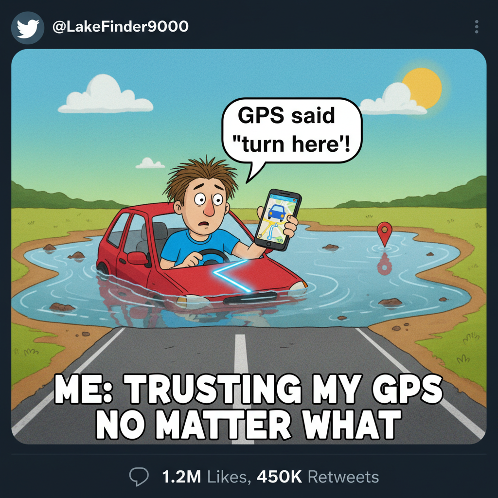 GPS said 'turn left'. I turned left. Into a lake. 🗺️🌊