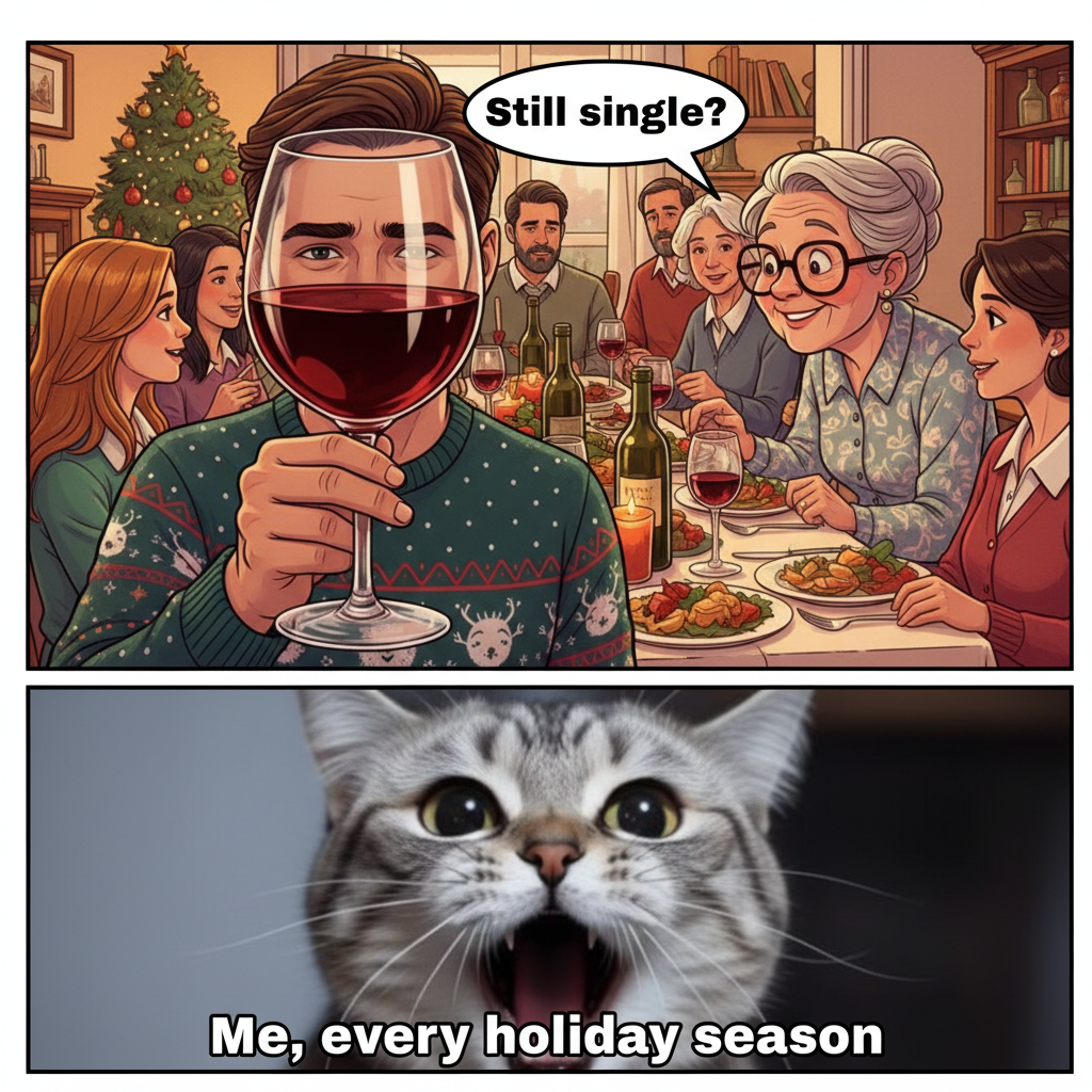 My aunt just asked if I'm 'still single' for the 5th time. Send wine. #HolidayChaos