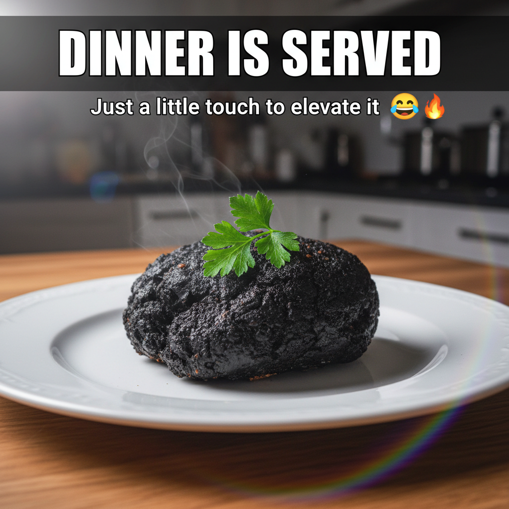 My 'gourmet meal' turned into a charcoal briquette. Chef's kiss!