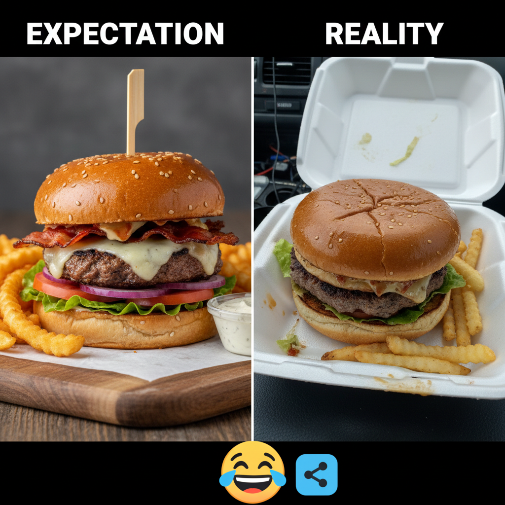 Ordered a gourmet burger, got a sad patty in a box. My expectations vs reality hit hard.