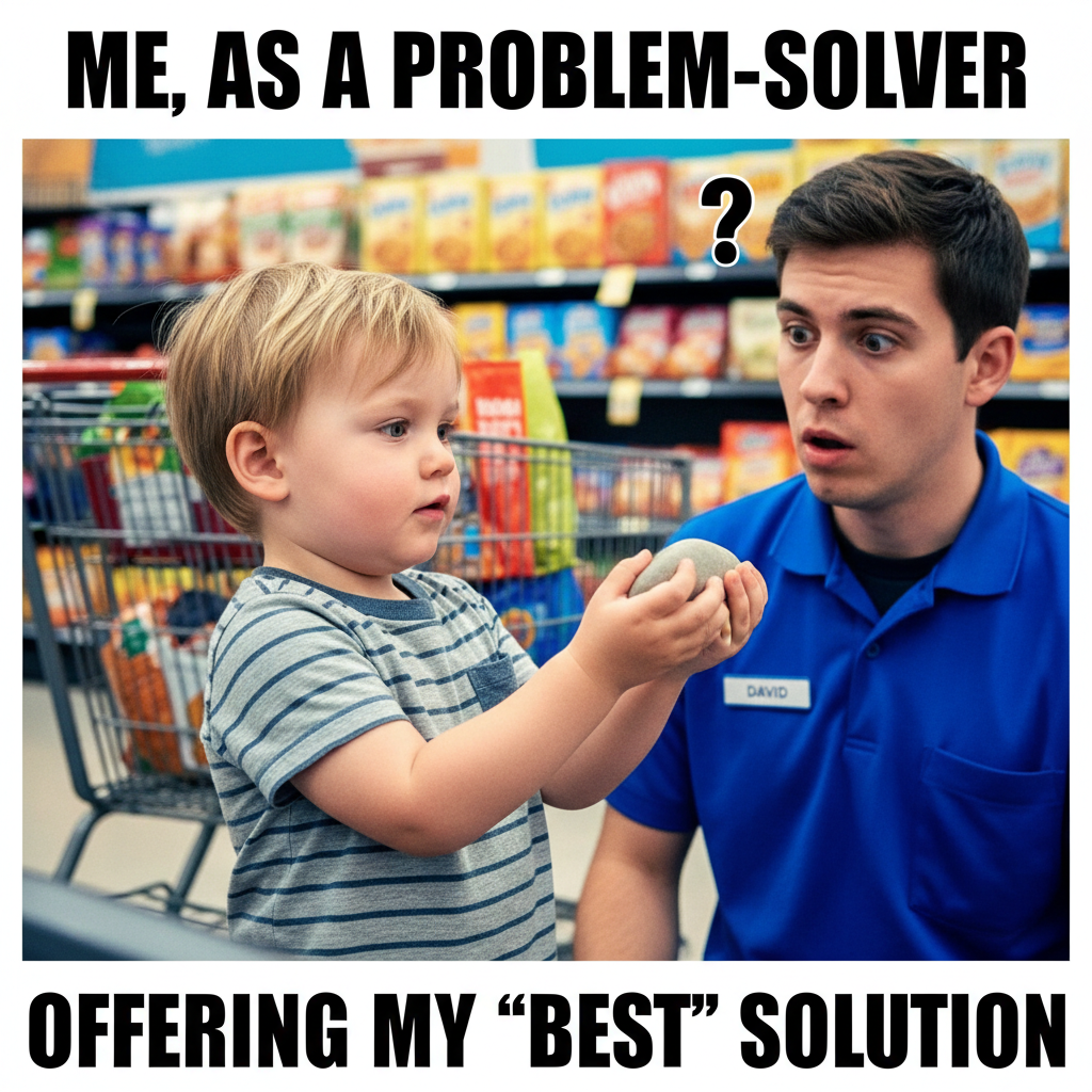 My toddler just tried to pay for groceries with a rock. Send help.