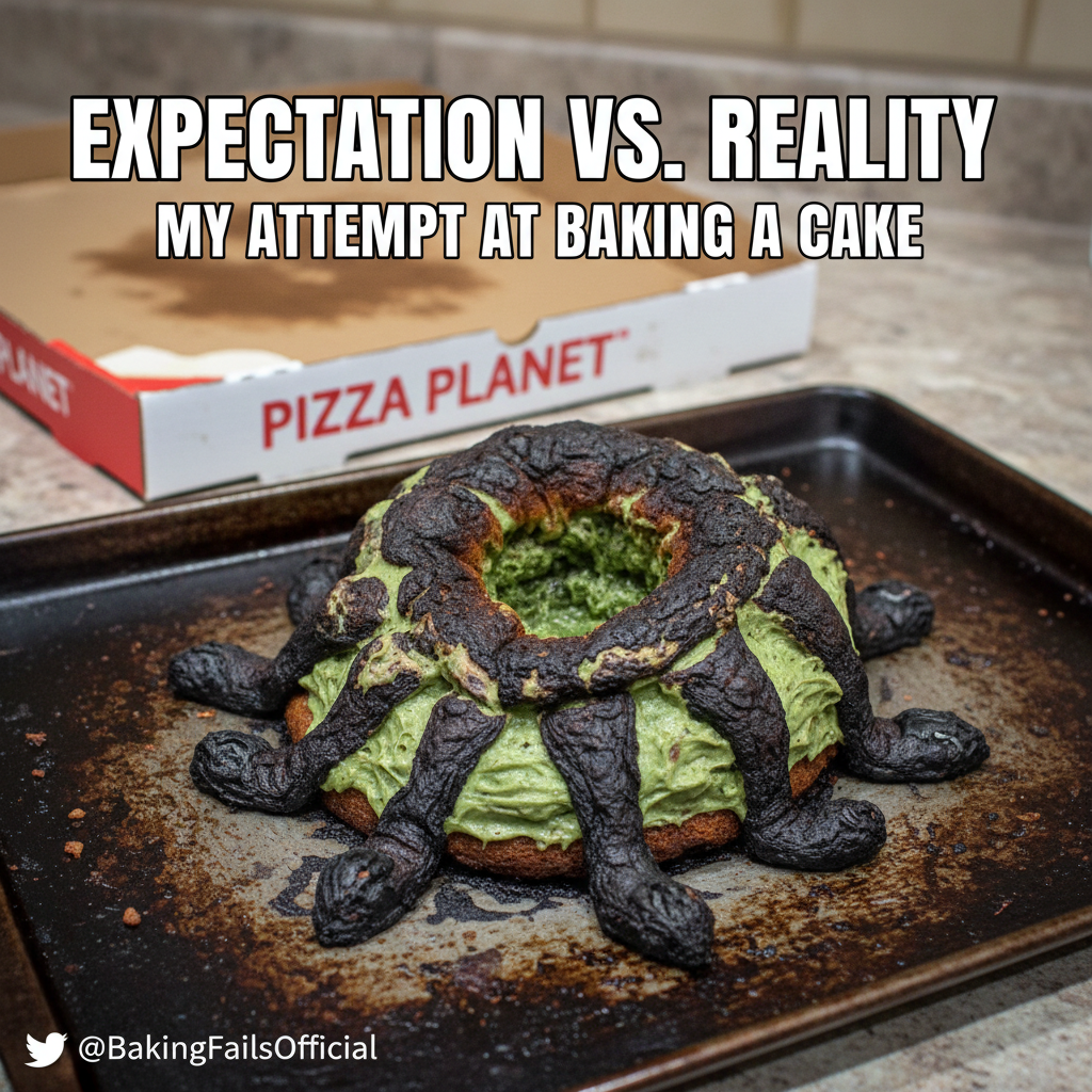 Attempted to bake a cake. It looks like a deflated alien. Send pizza.