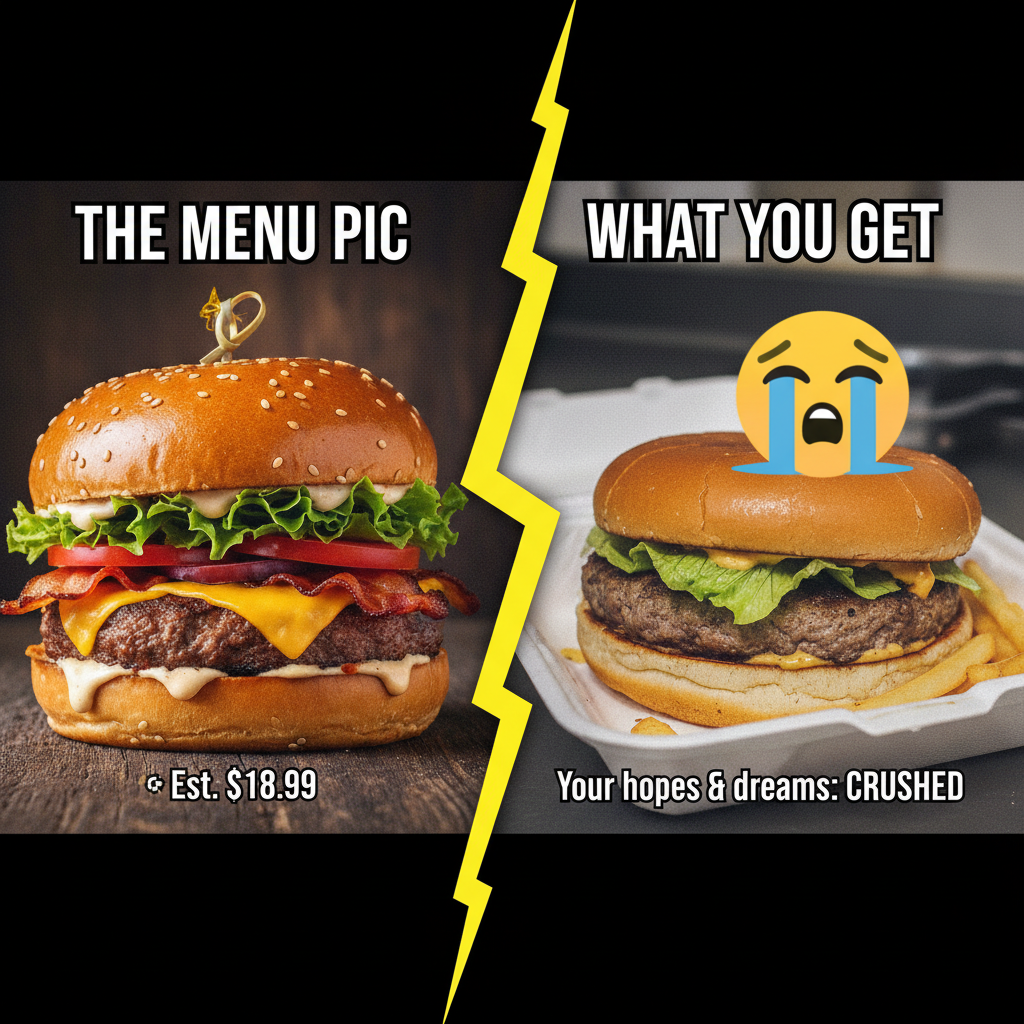 Ordered a gourmet burger. Got a sad patty on a bun. My expectations are in shambles.