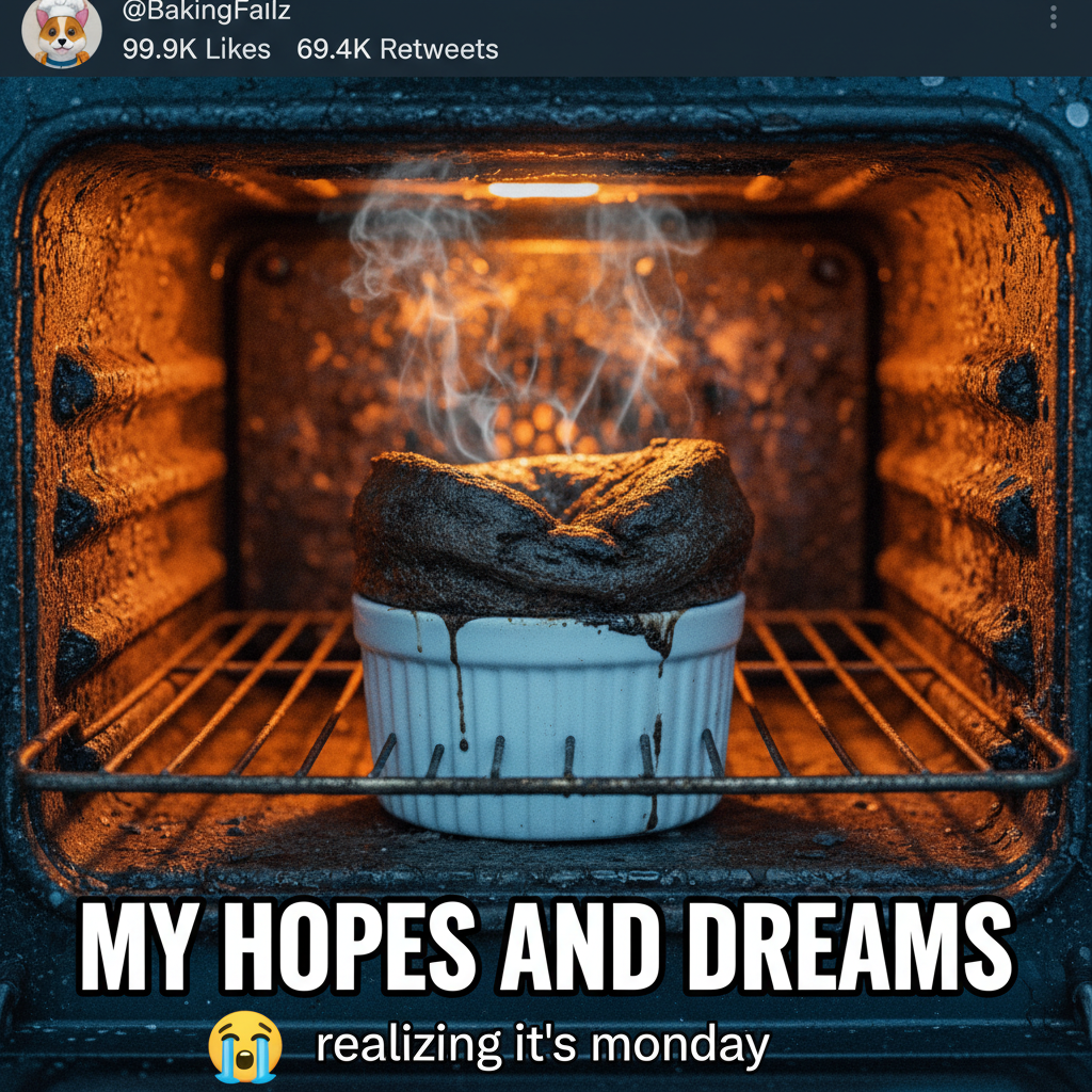 Tried to make a soufflé. Now my kitchen looks like a charcoal factory exploded. Send pizza.