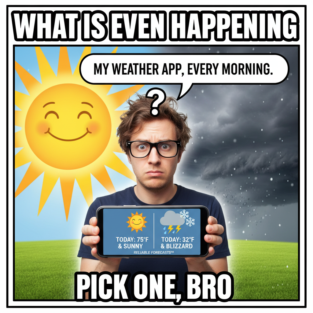 It's 70 degrees and sunny. My local weather app: 'Feels like 95, stay indoors.'