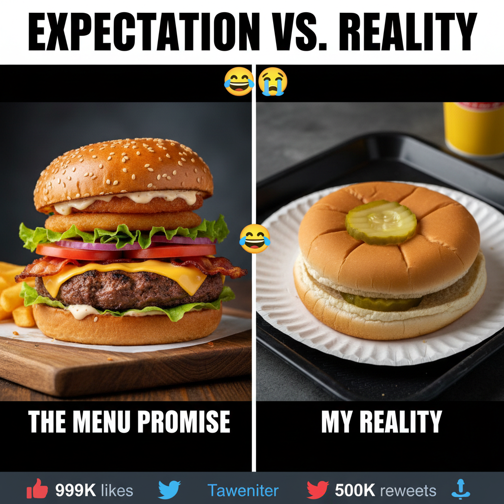 Ordered a gourmet burger. Got two buns and a pickle. My disappointment is immeasurable.