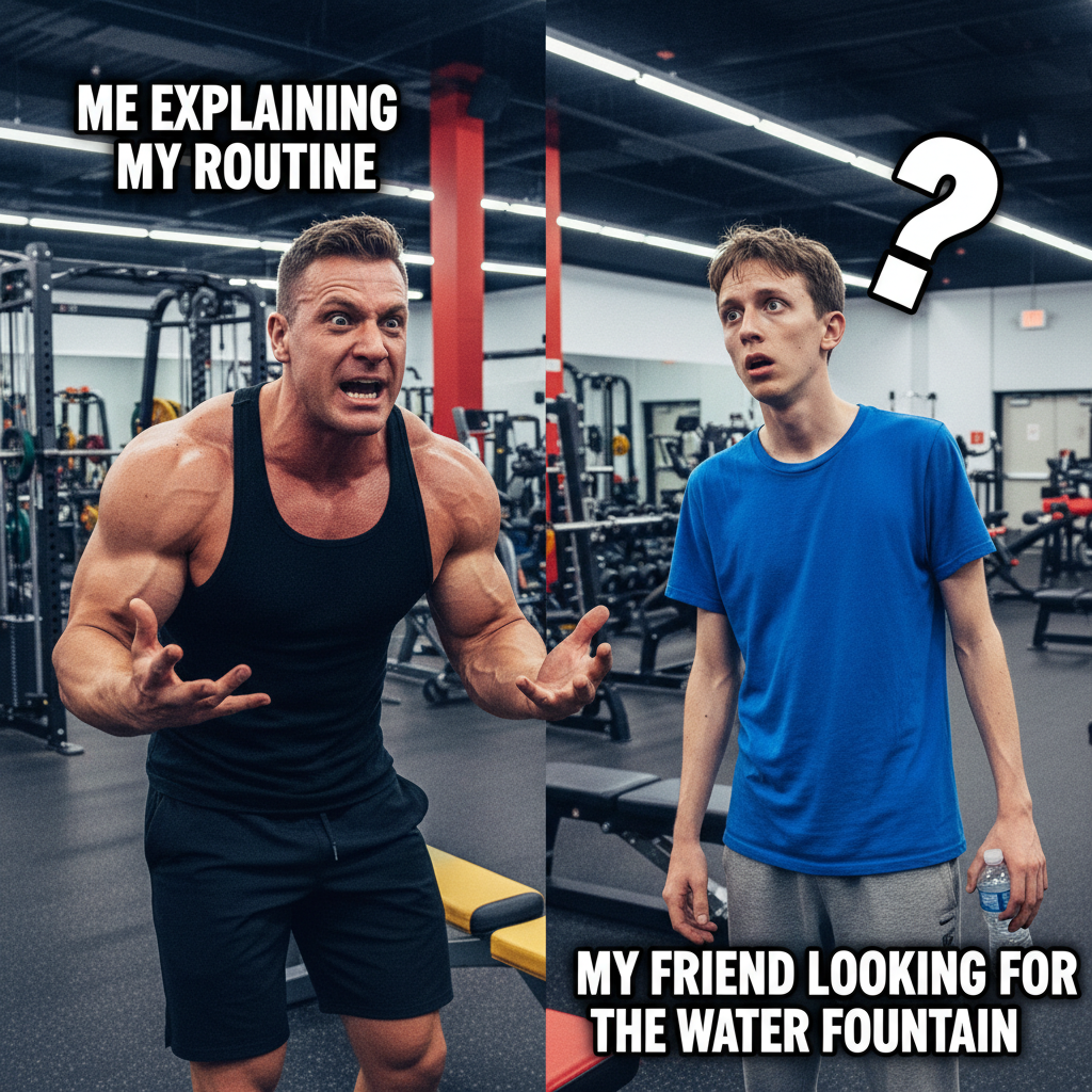 Gym bros explaining their workout routine vs. me just trying to find the water fountain.