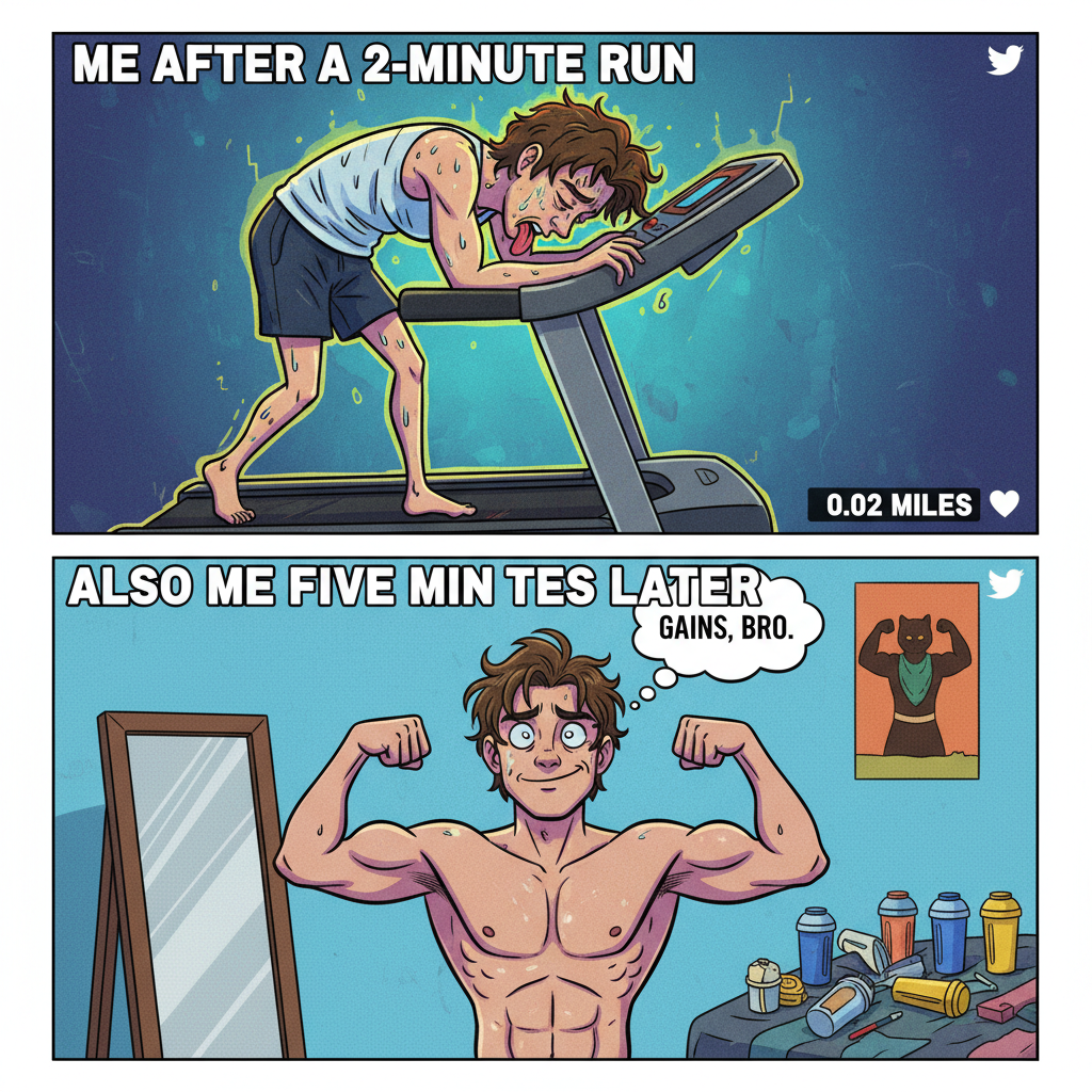 Me at the gym: 5 mins on treadmill, 50 mins contemplating life choices in the mirror. 💪