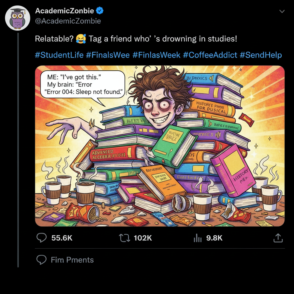 Surviving on caffeine and pure delusion this exam season. Send help (and snacks). 📚☕️