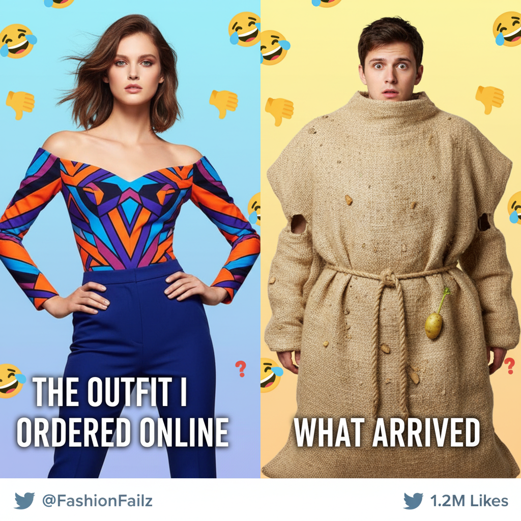 Ordered a 'chic' top online. Got a potato sack with armholes. Send fashion police.