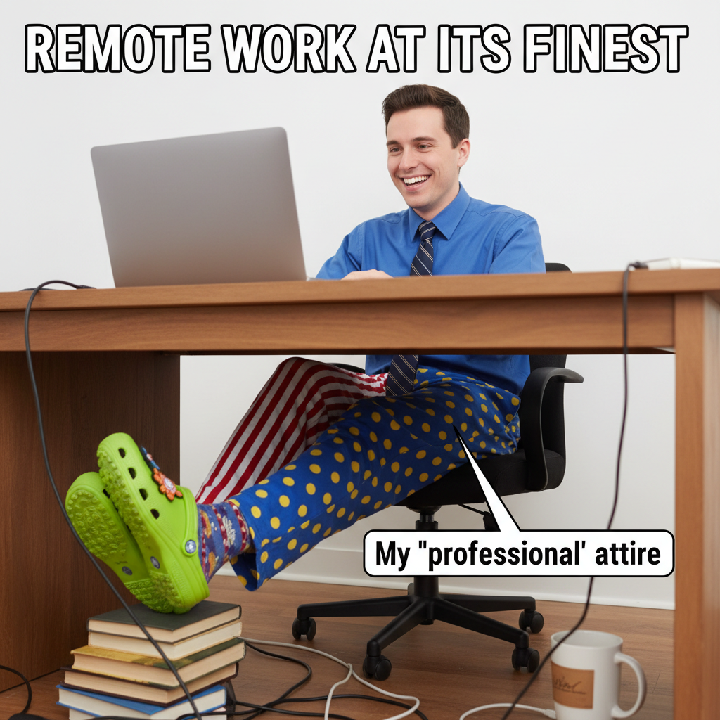 My WFH uniform: business on top, pajama party on the bottom. Zoom can't see my crocs.