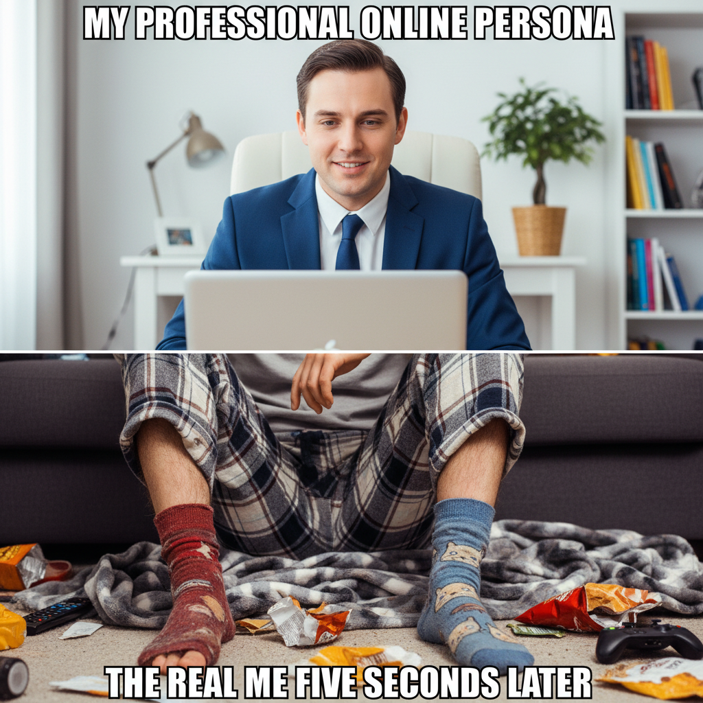 My 'professional' WFH outfit vs. what's happening below the desk.