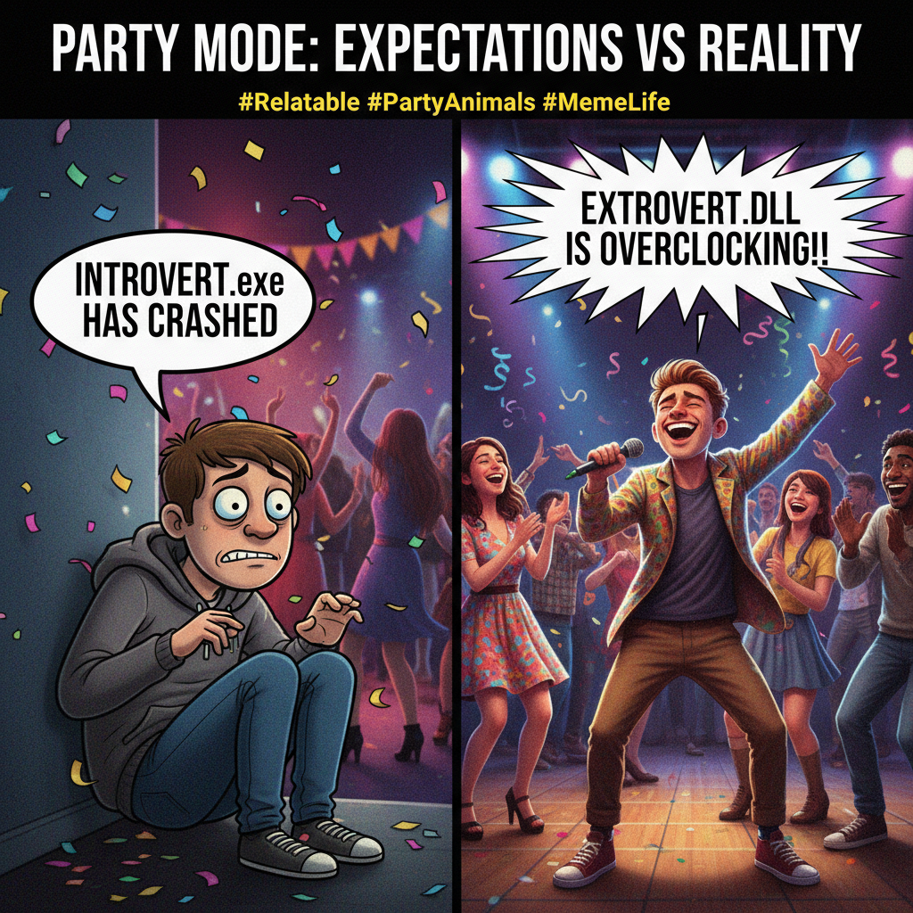 Introvert at a party vs. Extrovert at a party.