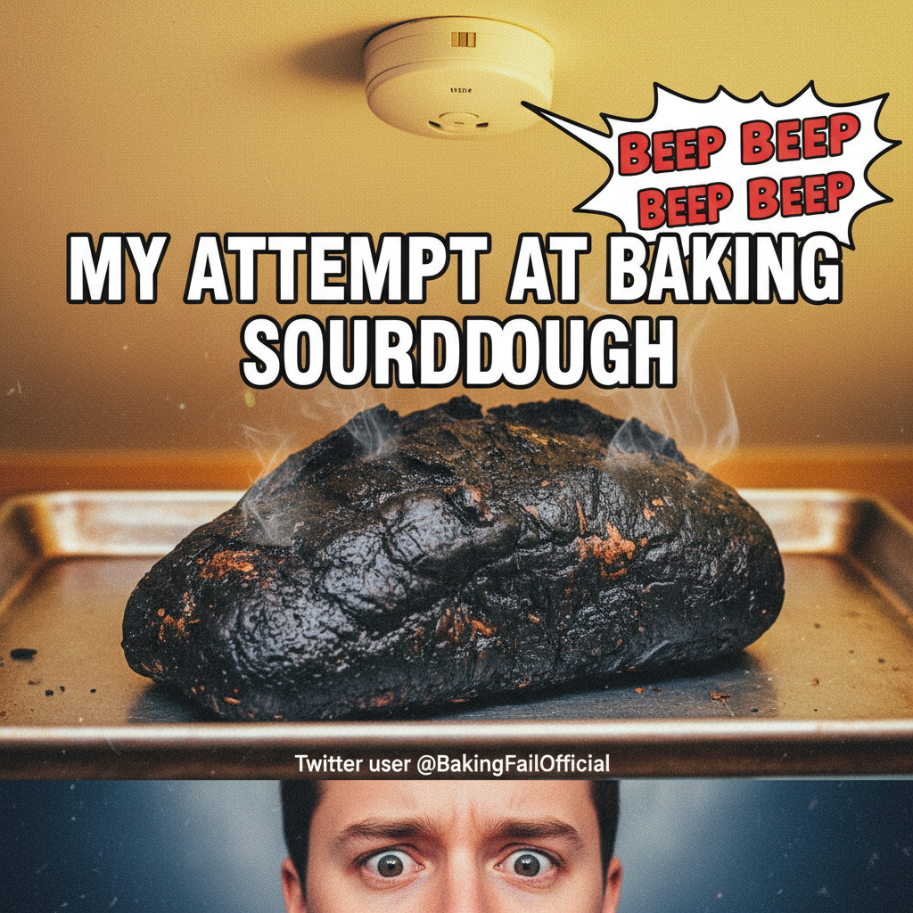 Tried to bake bread, ended up with a charcoal briquette. Send help & pizza. #CookingFail