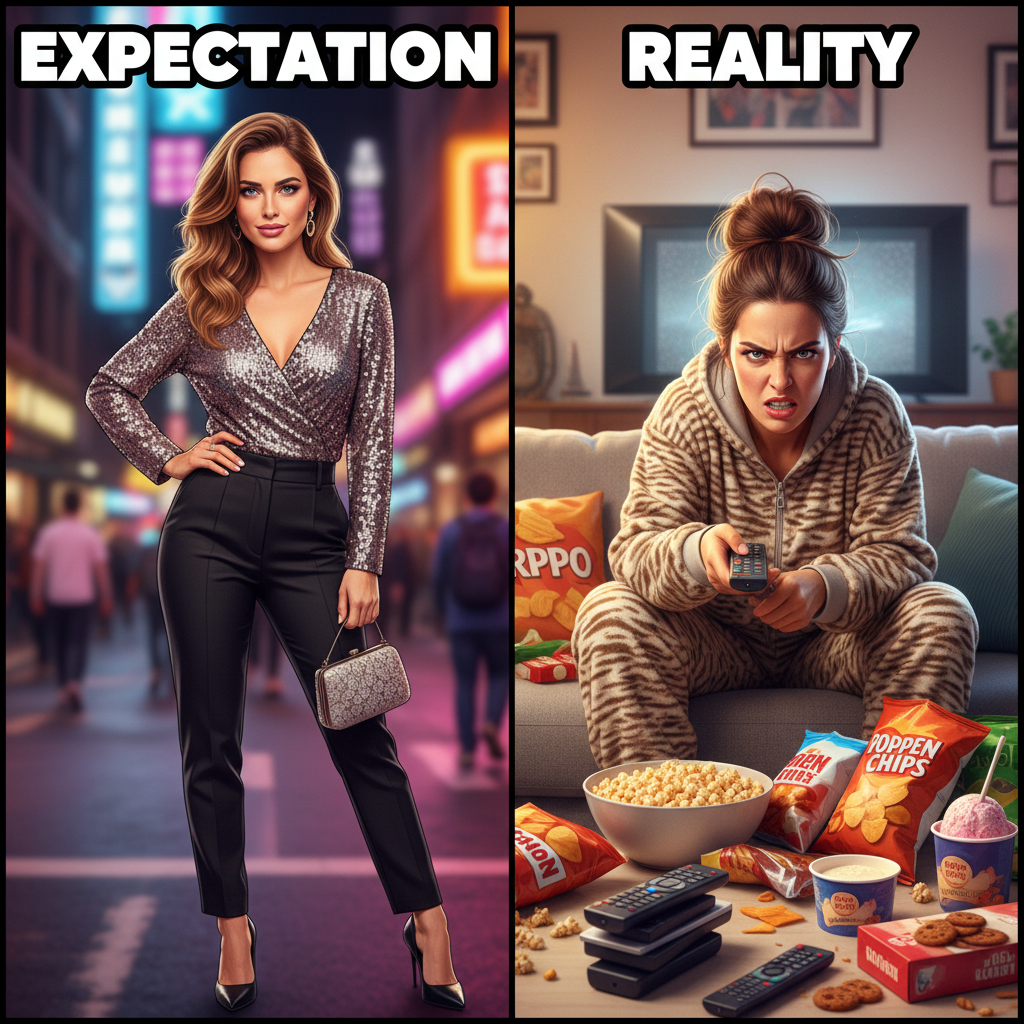 Friday night plans: Clubbing! Dancing! Reality: PJs, snacks, and arguing with Netflix.