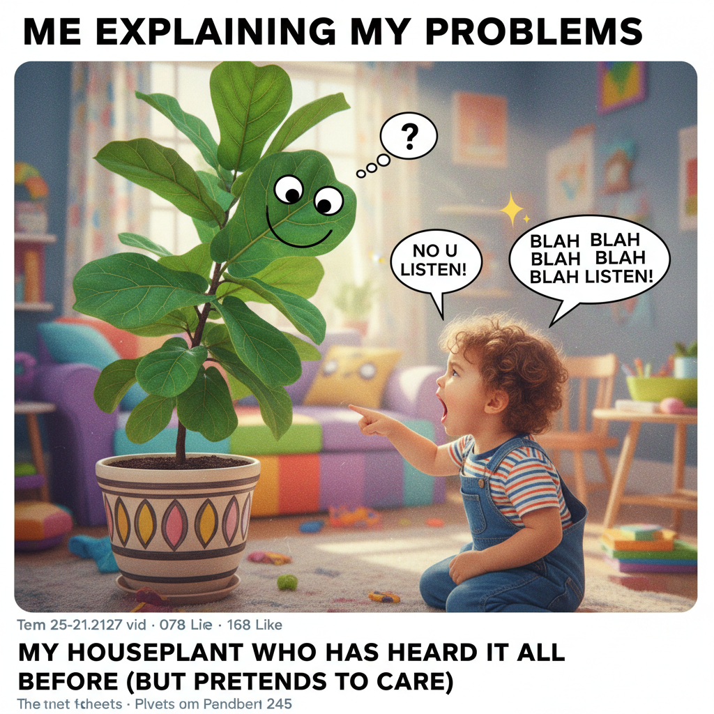 My toddler just explained the plot of Frozen to a houseplant. Peak parenting.