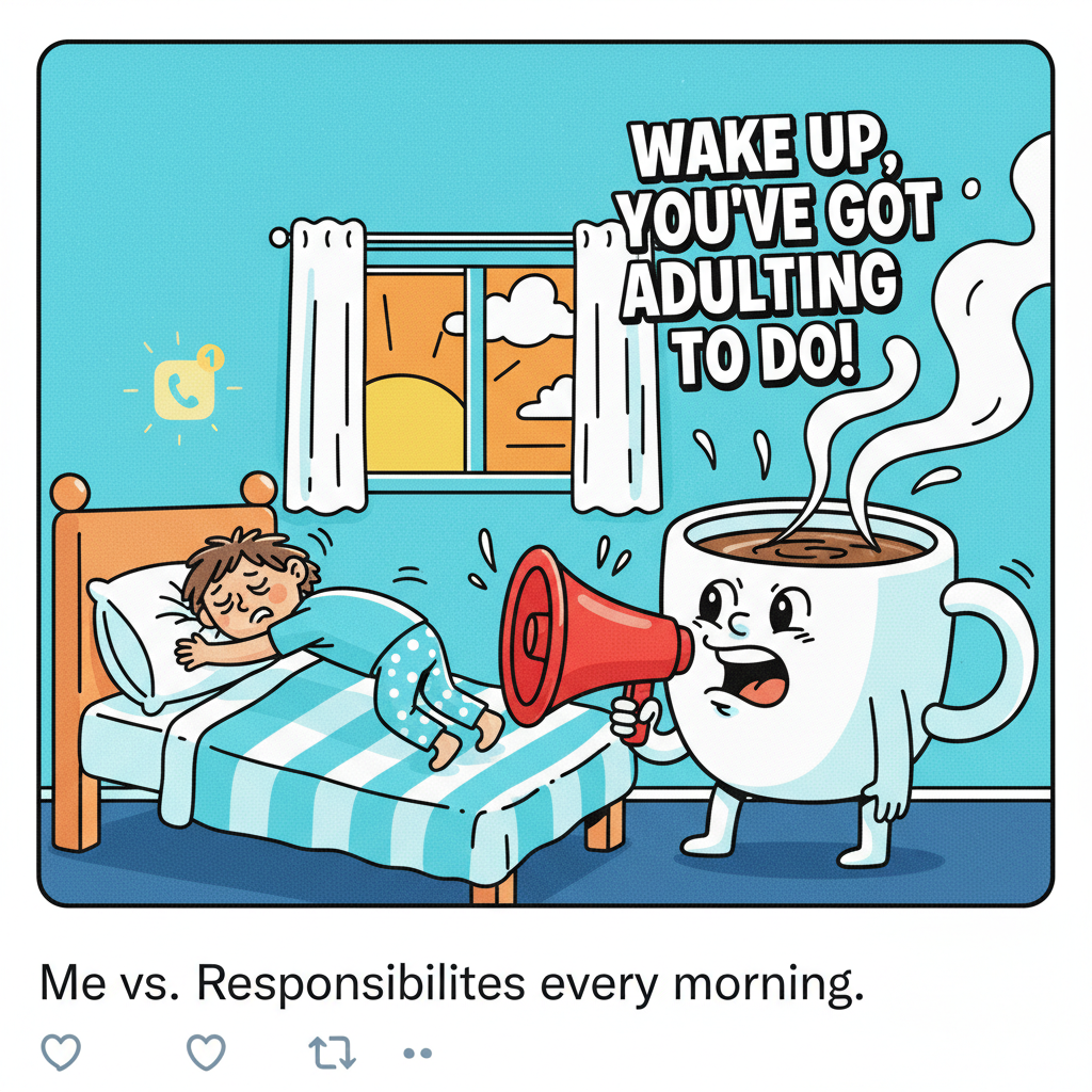 Monday morning mood: My bed is still calling me, but my coffee is louder.