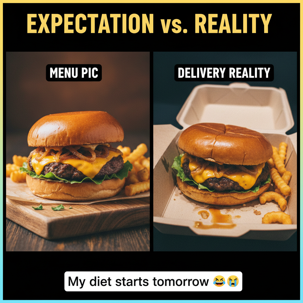Food delivery expectation vs. reality. My disappointment is immeasurable.