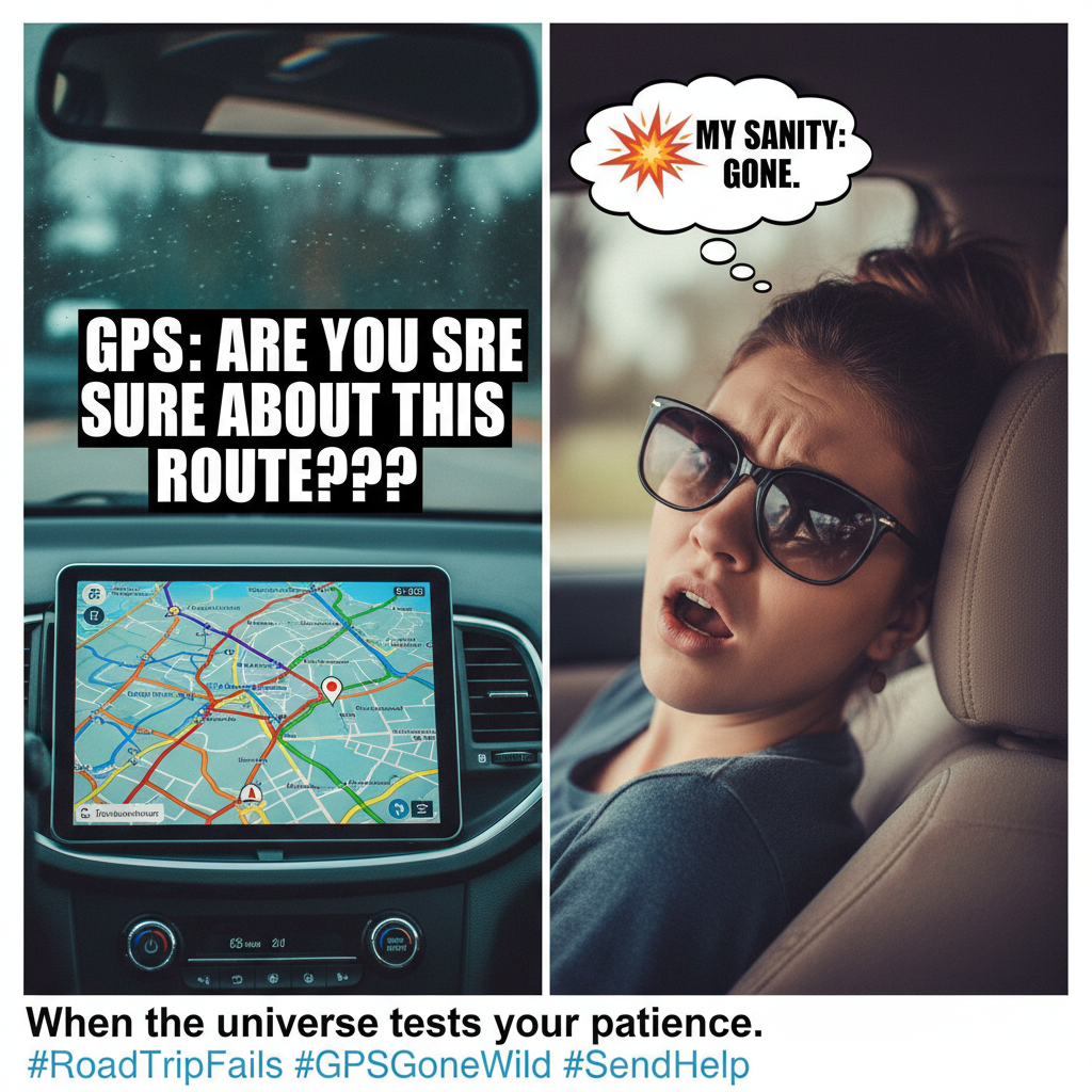 Road trip: 2 hours in, already lost, GPS speaking in tongues. Send snacks.