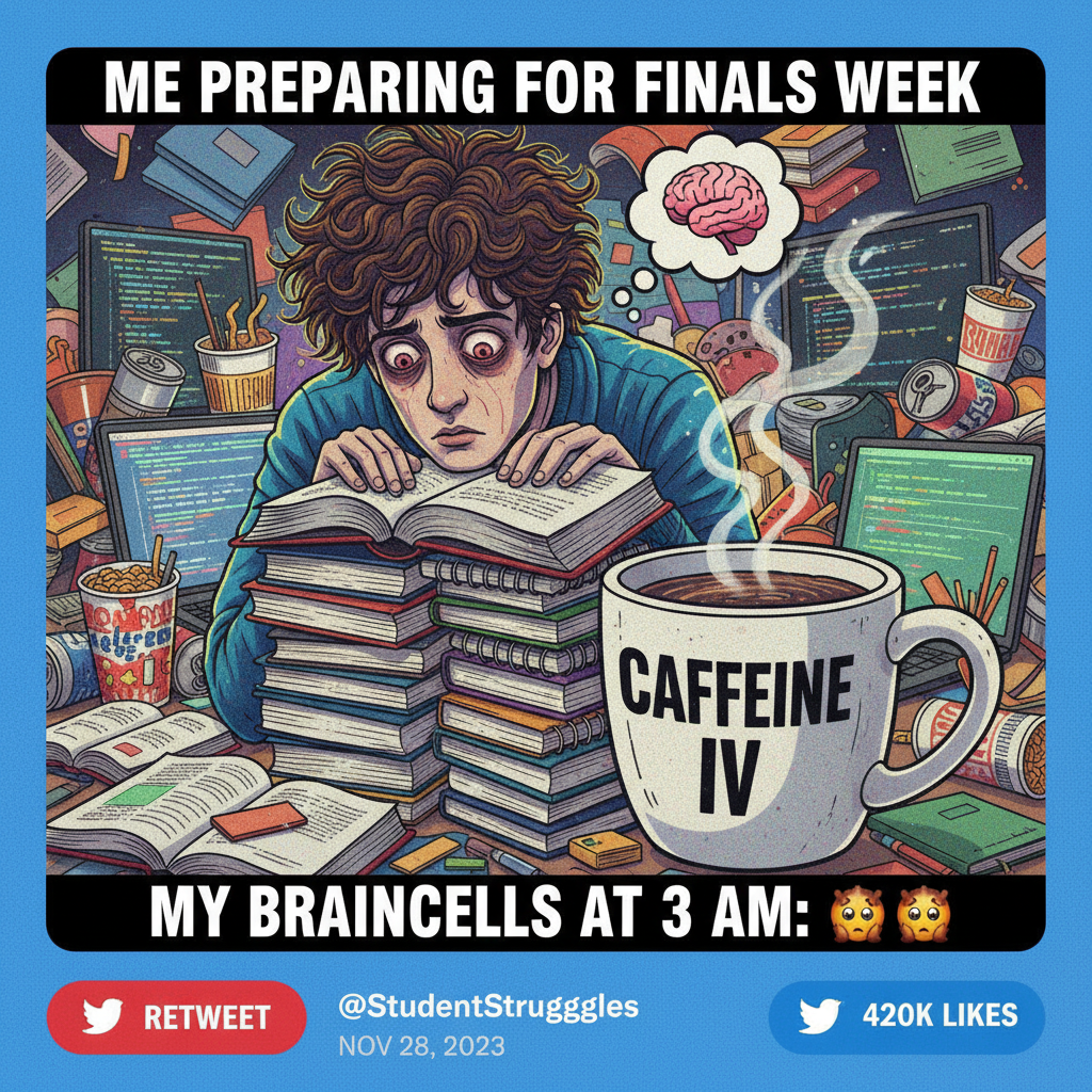 Exam season: My brain is 90% caffeine, 10% existential dread.