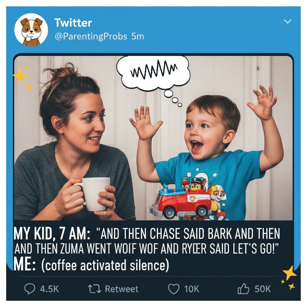 My toddler just explained the plot of Paw Patrol to me for 30 minutes. I know too much.