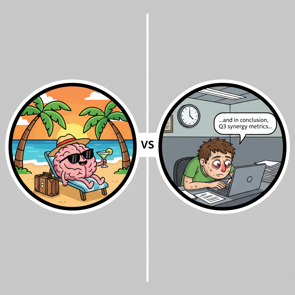 My brain clocking out at 3 PM vs. my body still stuck in a meeting at 4:59 PM