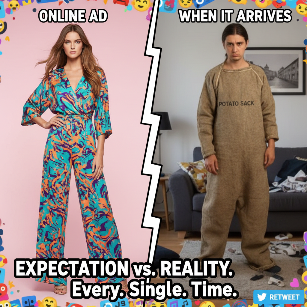 Online shopping regret hit different when the 'must-have' item arrives looking like a potato sack.