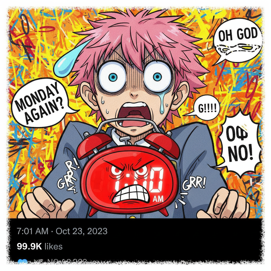 Me reacting to my alarm at 6 AM like I'm in a shonen anime. *Gasp* 'Another day!?'