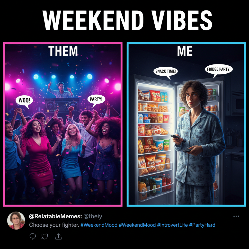 Friday night plans: 'Going out!' Reality: 'Going out... to the fridge for more snacks.'