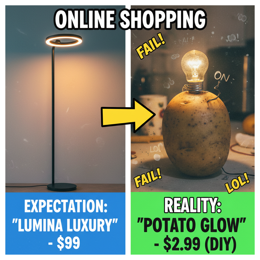 Ordered a 'chic minimalist' lamp online. Received a potato with a lightbulb. My aesthetic is now 'rustic spud'.