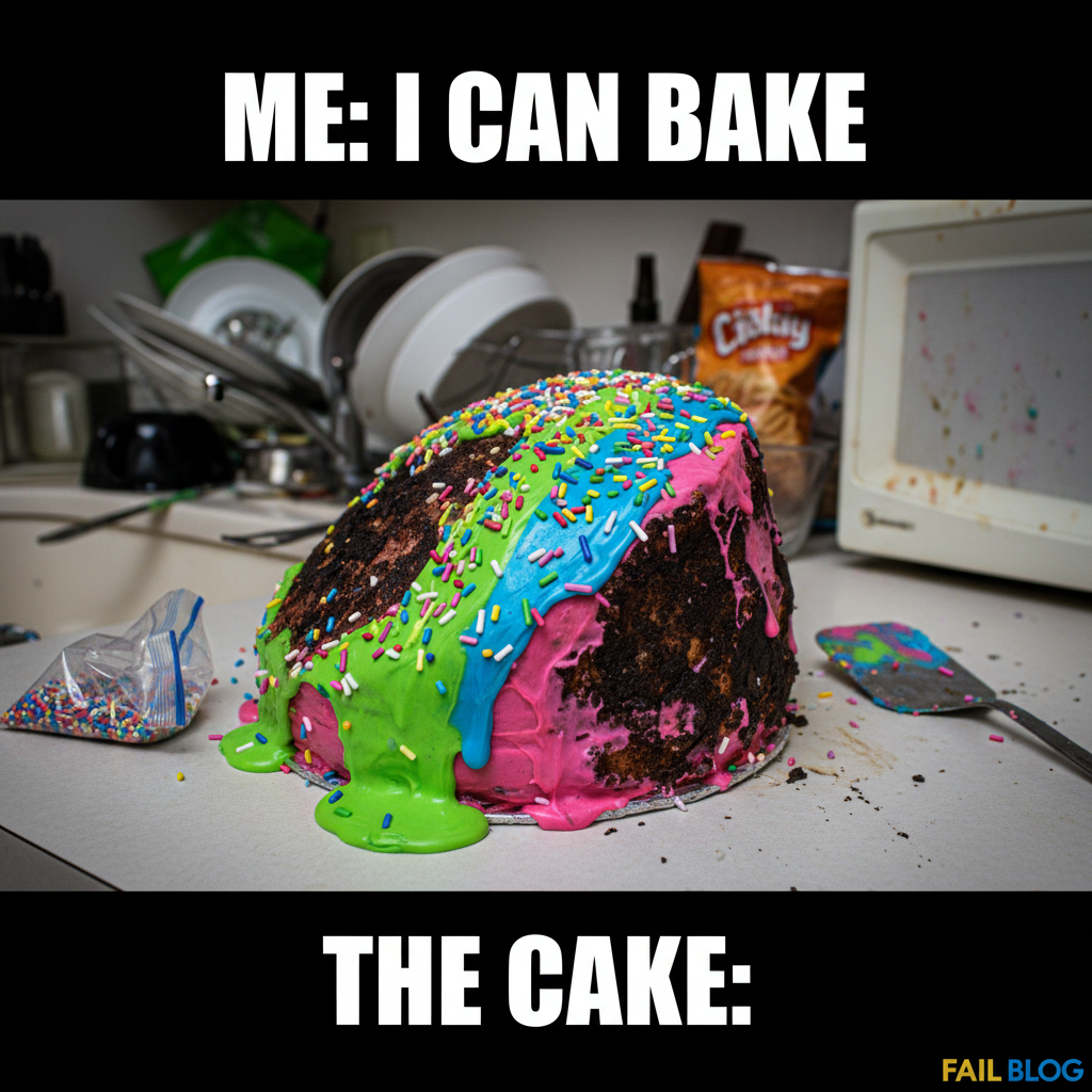 Attempted to make a 'simple' cake. It now resembles a volcanic eruption covered in sprinkles. Send fire dept.