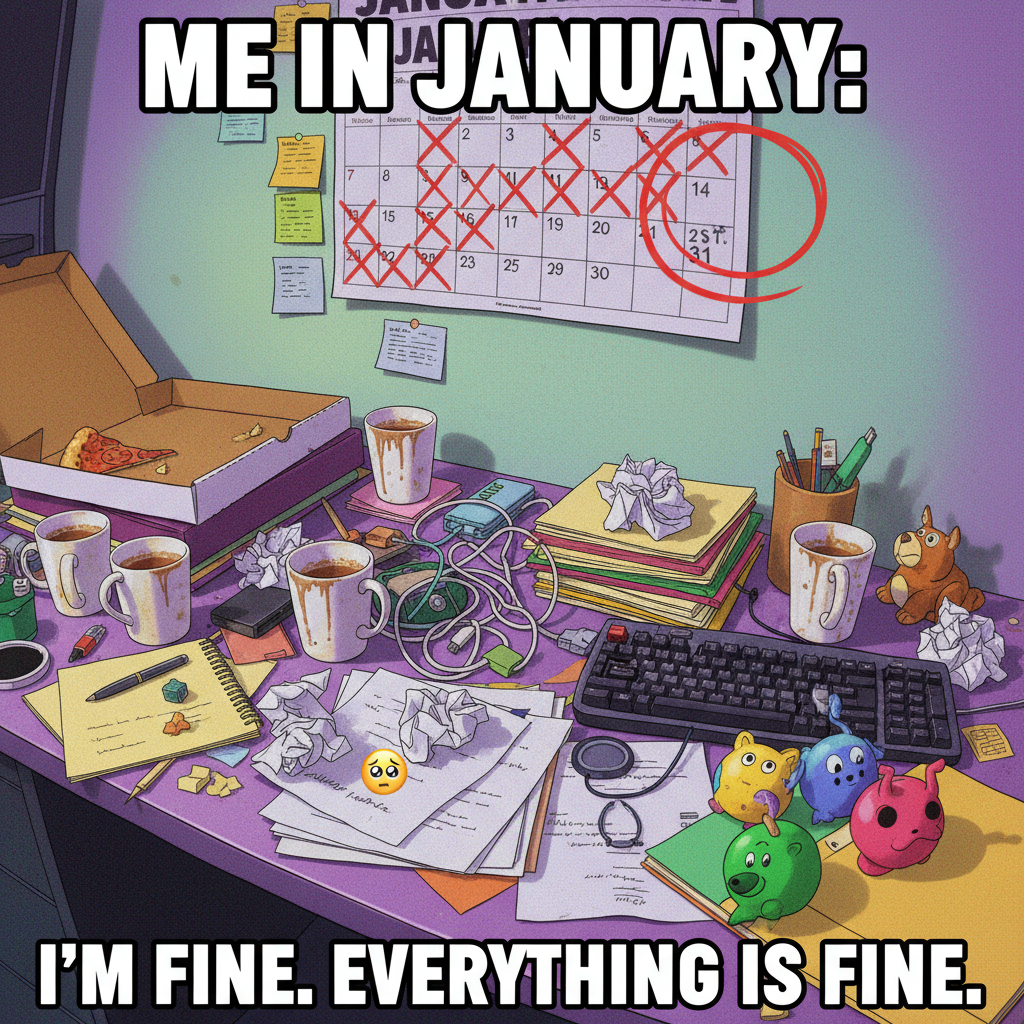 My New Year's resolution was to be more organized. My desk currently looks like a tornado hit it.