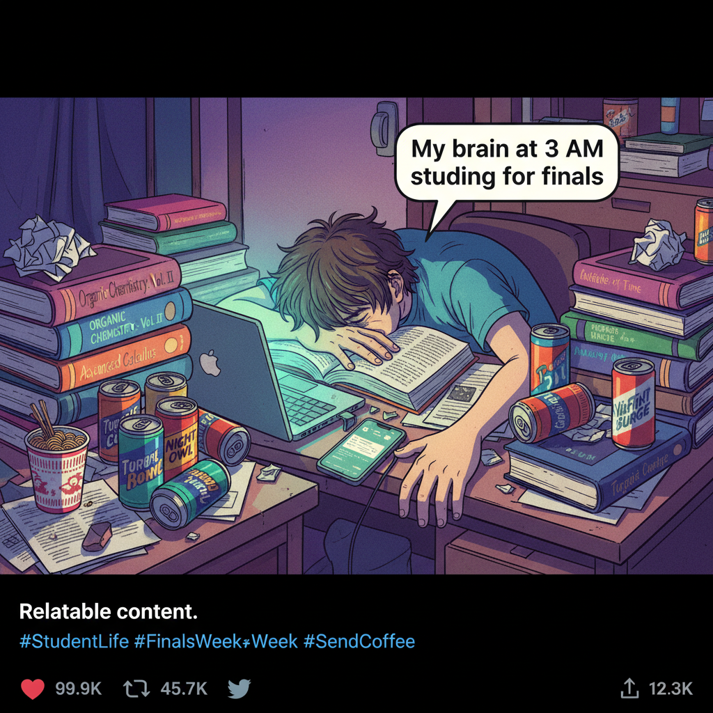 Surviving exam season on 2 hours of sleep and 5 energy drinks. Send help and caffeine. #StudentLife