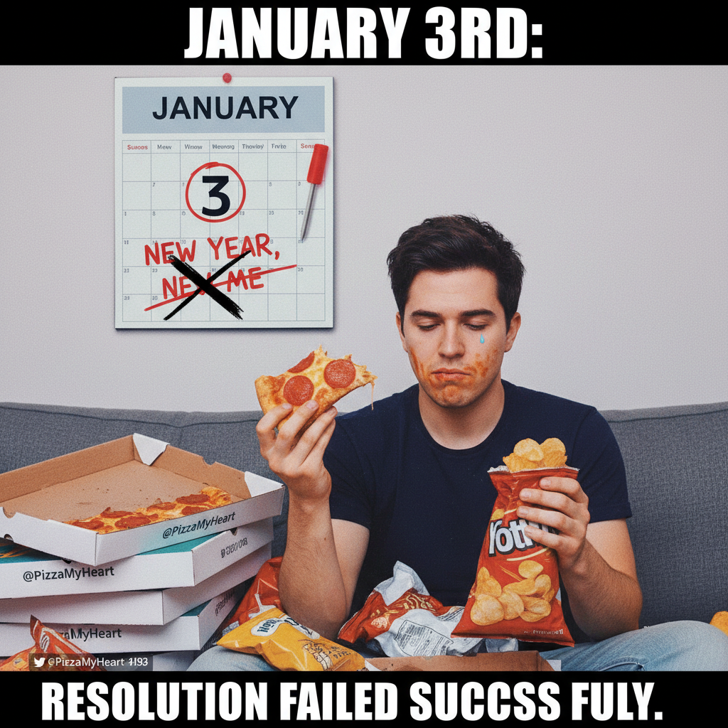 My New Year's resolution lasted 3 days. Send snacks, not judgment. 🍕