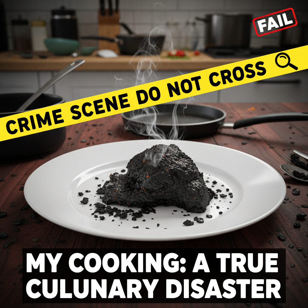 Tried to make a gourmet meal, ended up with charcoal. My kitchen is a crime scene. 😭
