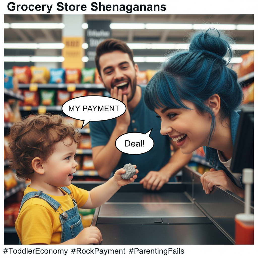 My toddler just tried to pay for groceries with a rock. Peak parenting achieved.