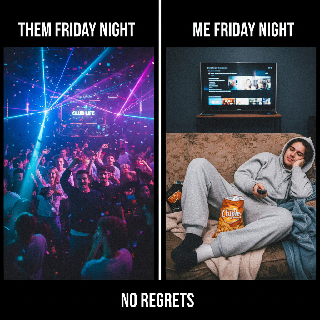 Friday night plans: clubbing. Reality: debating if sweatpants are formal enough for the couch.