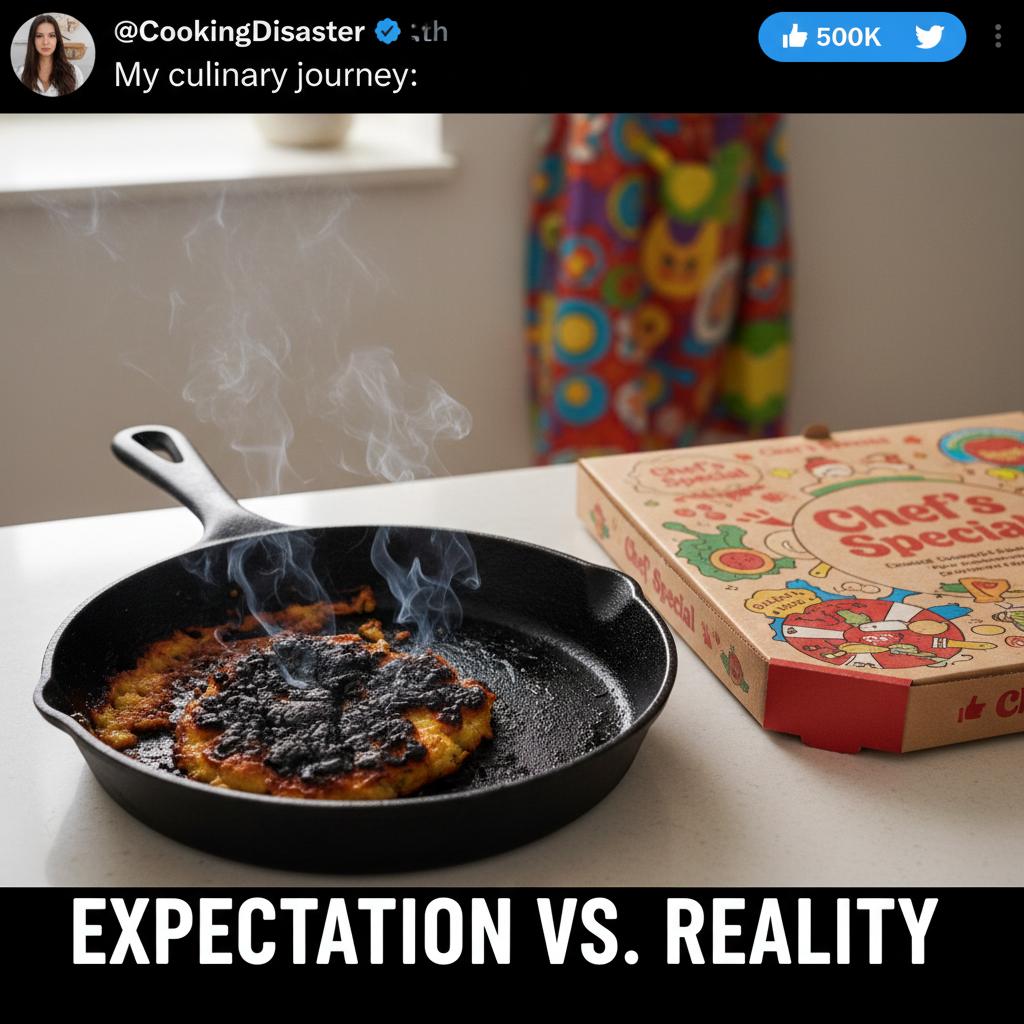 My 'gourmet' dinner turned into a charcoal briquette. Send help (and pizza). #CookingFail