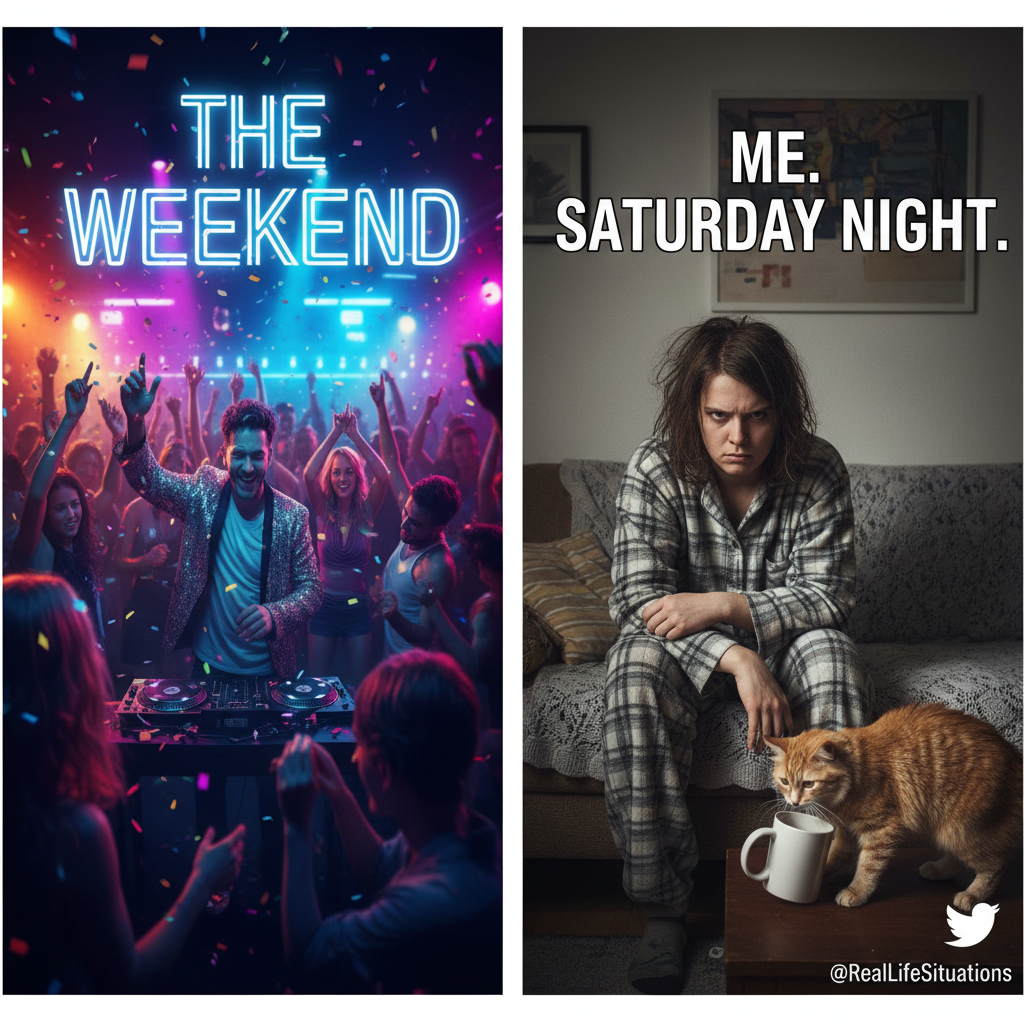 My Friday night plans: clubbing. My Friday night reality: arguing with my cat about bedtime. #Relatable