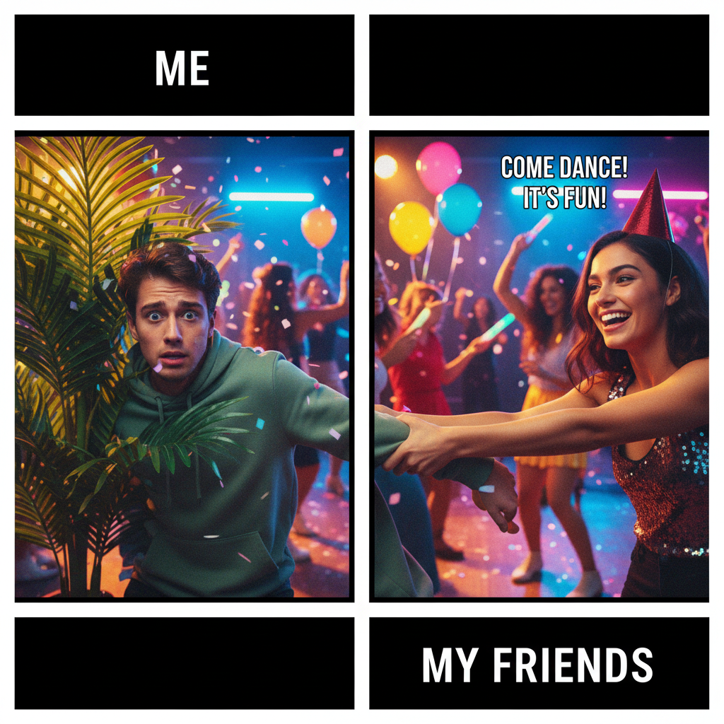 My introvert self at a party vs. my extrovert friend trying to 'socialize' me. #IntrovertProblems