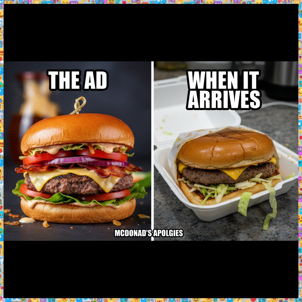 Ordered a gourmet burger. Got a sad patty on a soggy bun. My disappointment is immeasurable.