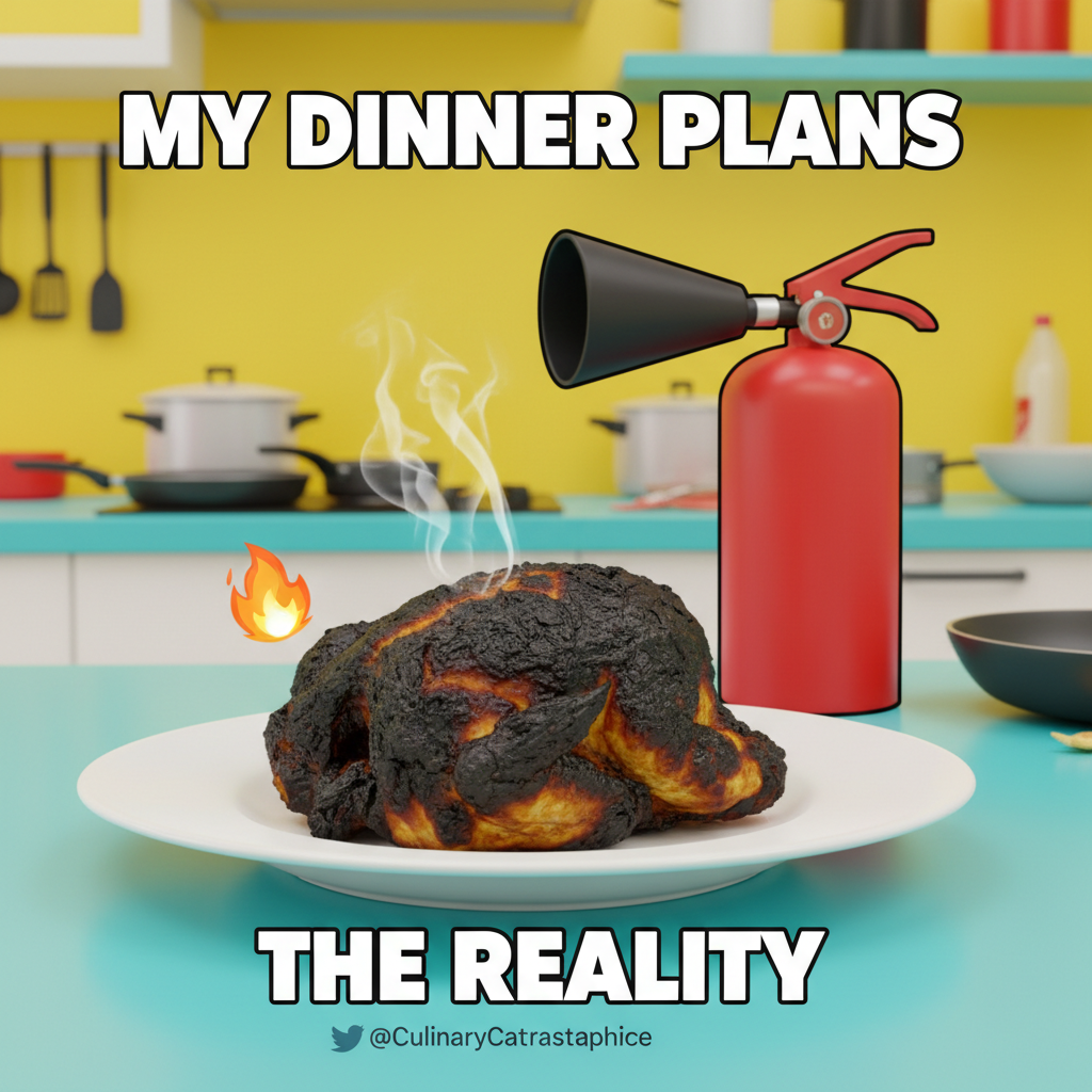 My 'gourmet' meal looks like a crime scene. Send help (and a fire extinguisher).