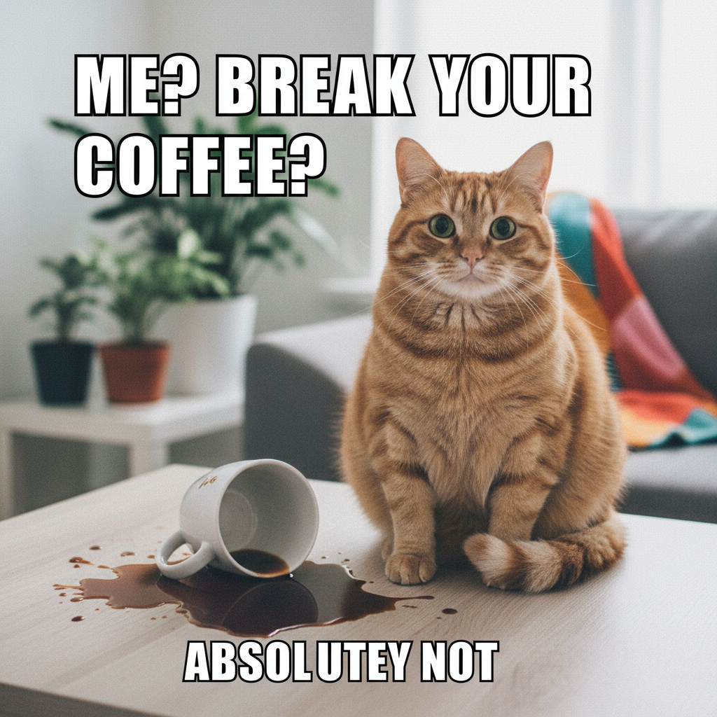My cat just knocked my coffee over, then looked at me like *I* was the problem. The AUDACITY.