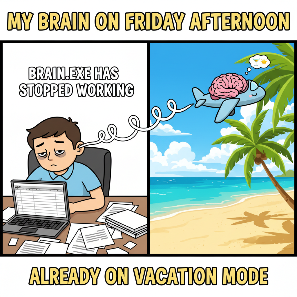 My brain clocking out at 3 PM on Friday and already halfway to a beach in another country.