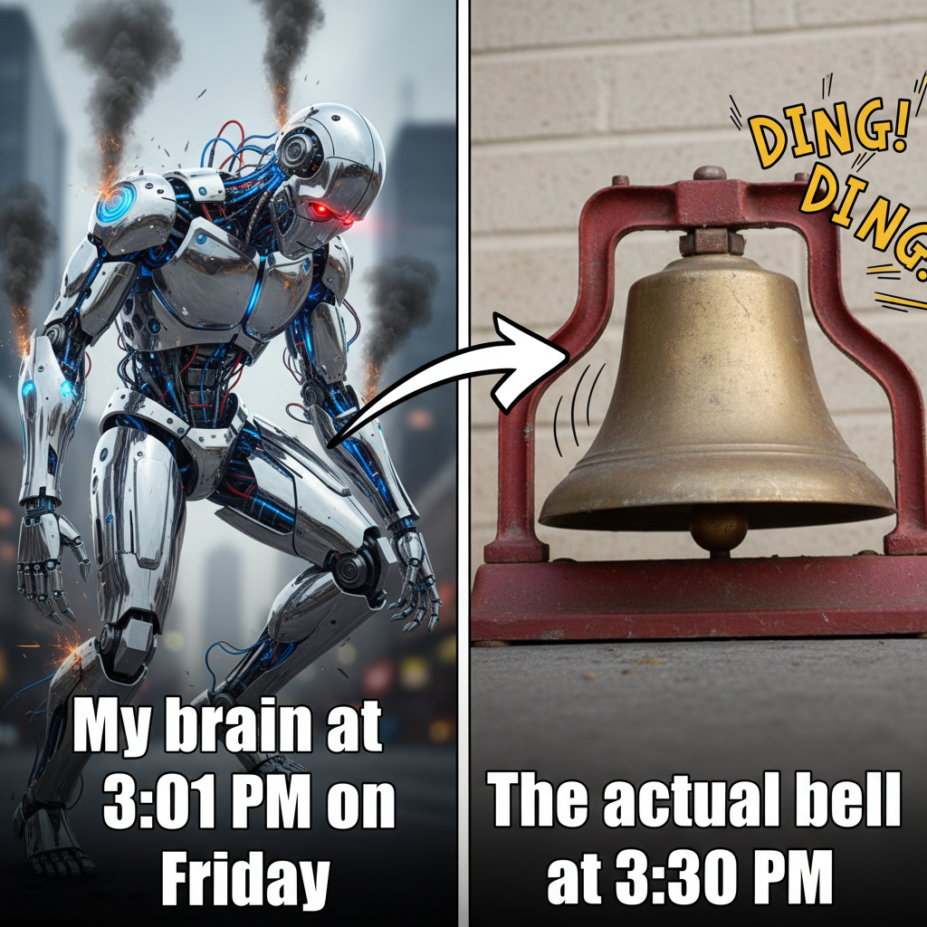 My brain clocking out at 3:01 PM on Friday vs. the actual bell at 3:30 PM