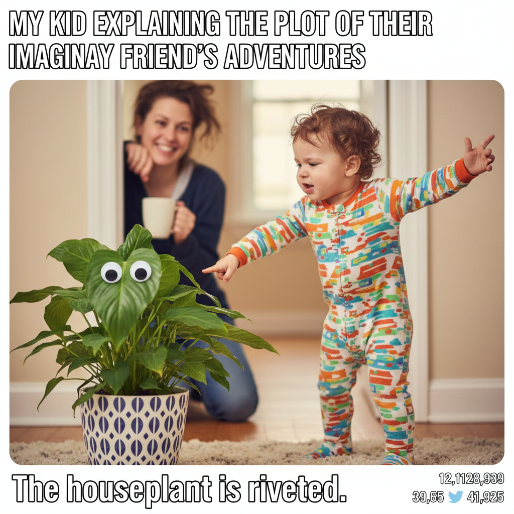 My toddler just explained the plot of Frozen to a houseplant. This is parenthood now. 🤷‍♀️