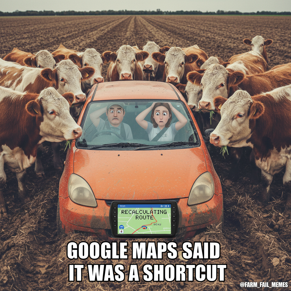 GPS said 'turn left in 500 feet.' We're currently in a cow pasture. Send snacks. 🐄