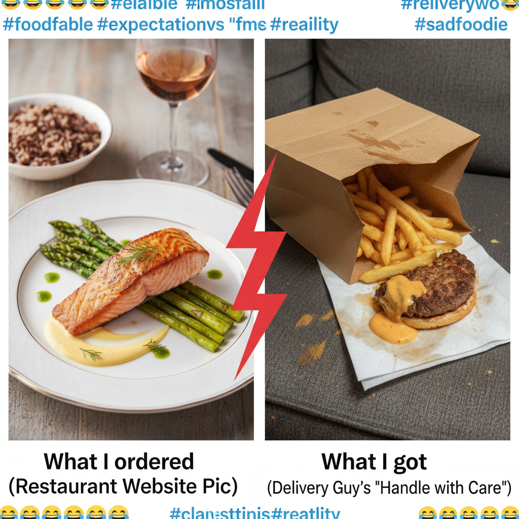 Food delivery expectation: gourmet meal. Reality: spilled bag, cold fries.