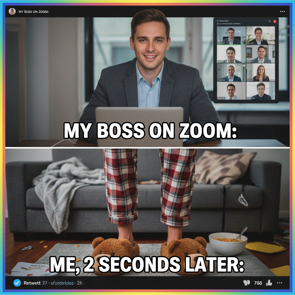 My WFH uniform is 50% professional top, 50% pajama bottoms. The duality of man.