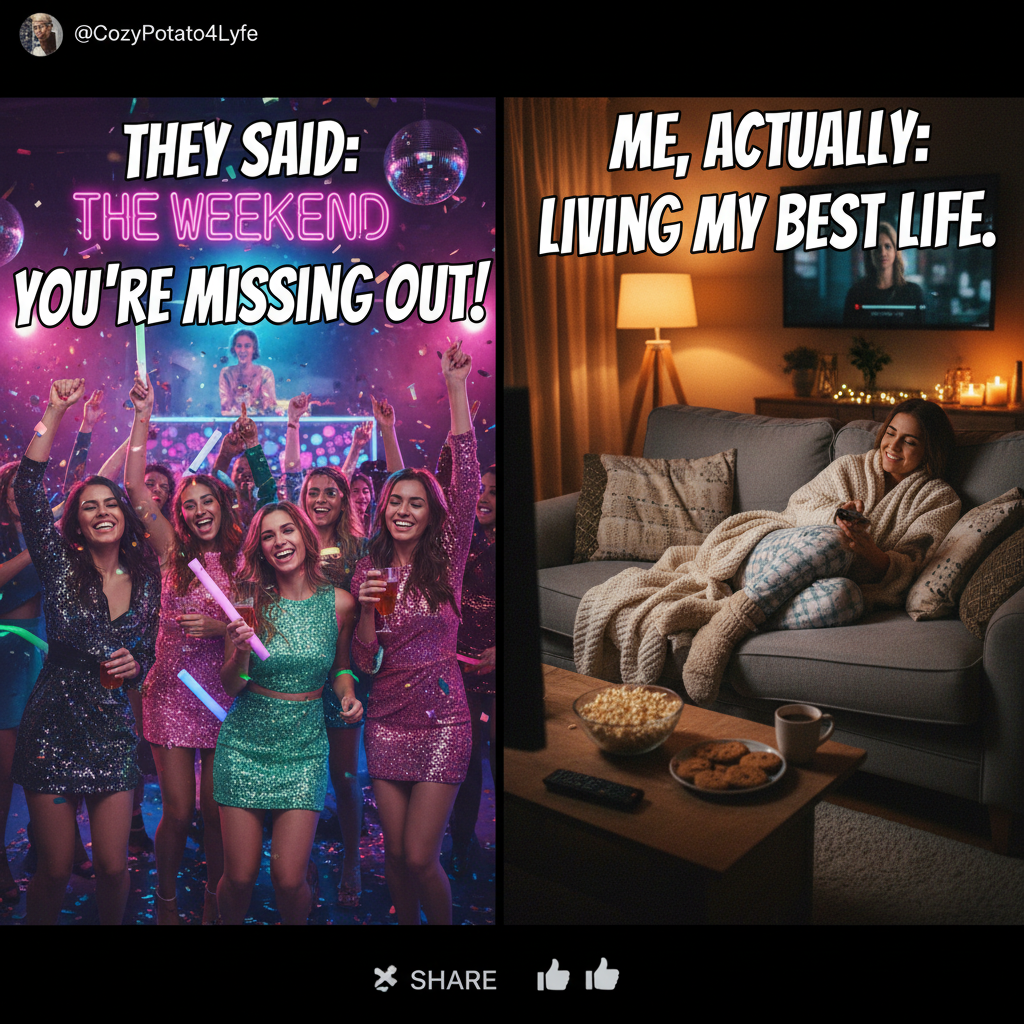 Friday night plans: wild party. Friday night reality: wild Netflix binge with snacks.